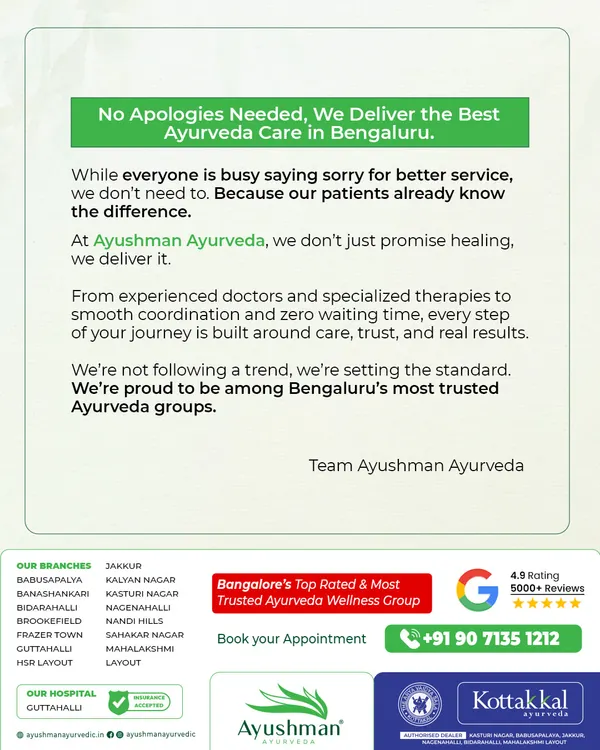 We set the standard in Ayurveda care. We do not need to apologize for our service because we focus on delivering excellence from the start. From experienced doctors to zero waiting time, every step of your journey with us is built on care, trust, and real results.