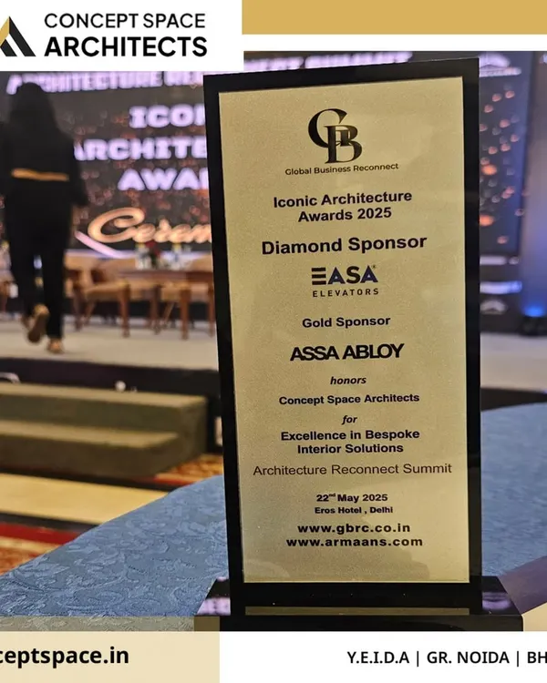 A close-up of our award for 'Excellence in Bespoke Interior Solutions' at the Iconic Architecture Awards 2025. This honor recognizes our ability to create unique, tailor-made interior designs.
