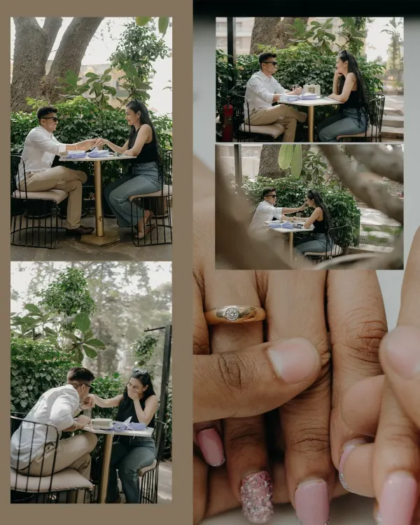 A love story that began in a cafe, captured in a collage that shows their journey from shared coffee to a shared life. This is a perfect example of a modern pre-wedding narrative.