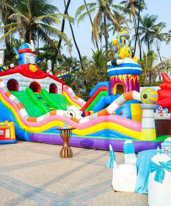 This massive, multi-activity inflatable structure features slides, climbing walls, and tunnels, providing hours of entertainment for a large group of kids.