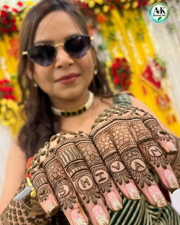 A creative way to add a personal touch! This client wanted the name 'SHIVAM' incorporated into her finger designs for her special day.