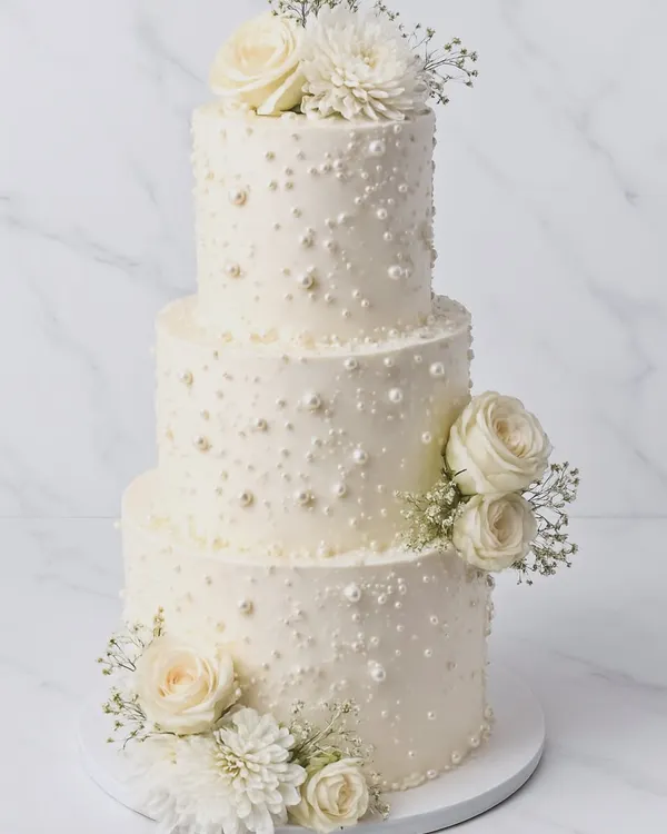 This three-tiered, 9kg wedding cake was a beautiful challenge we were honored to create. Adorned with delicate sugar pearls and fresh white roses, it’s a perfect example of how we create elegant centerpieces for your most memorable days.