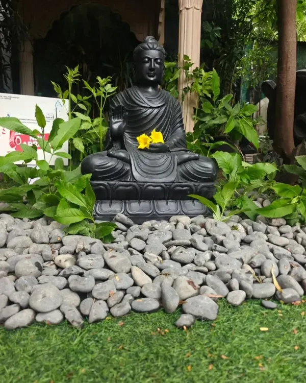 A hand-carved black marble Buddha statue in the Abhaya Mudra pose, set among natural pebbles and greenery. This serene element brings a sense of calm and is a perfect centerpiece for a meditative garden corner.