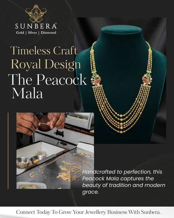 This graphic captures the essence of my Peacock Mala, a piece that blends traditional motifs with modern grace. It also offers a glimpse into the handcrafted process, showing how I bring these royal designs to life.