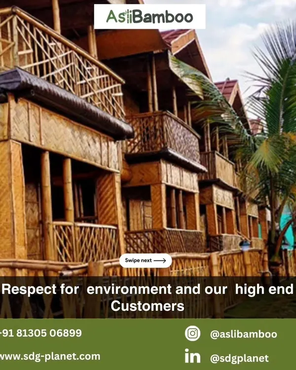 This image showcases a multi-story resort structure built entirely from bamboo. The design features private balconies and intricate railings, demonstrating how bamboo can be used to create complex and beautiful architectural forms that respect the environment.