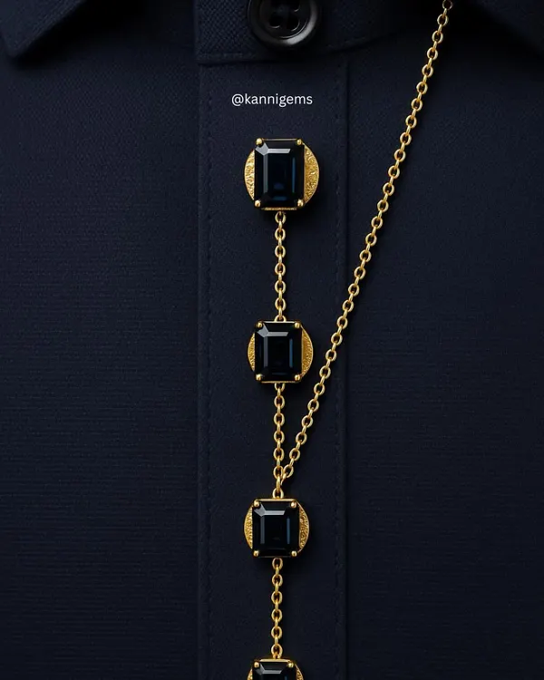 I transform functional details into statements of personal style. This custom button chain, featuring emerald-cut gemstones set in textured gold, is a bespoke creation for a formal shirt or kurta, showcasing how true luxury lies in the details.