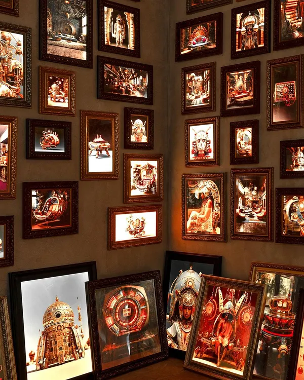 A retro-futuristic photo gallery from our 'Indofuturism' installation, featuring AI-generated imagery. The collection of hybrid, futuristic portraits is set within a traditional Indian context, creating a surreal and absurdist panorama that blends the old with the new.