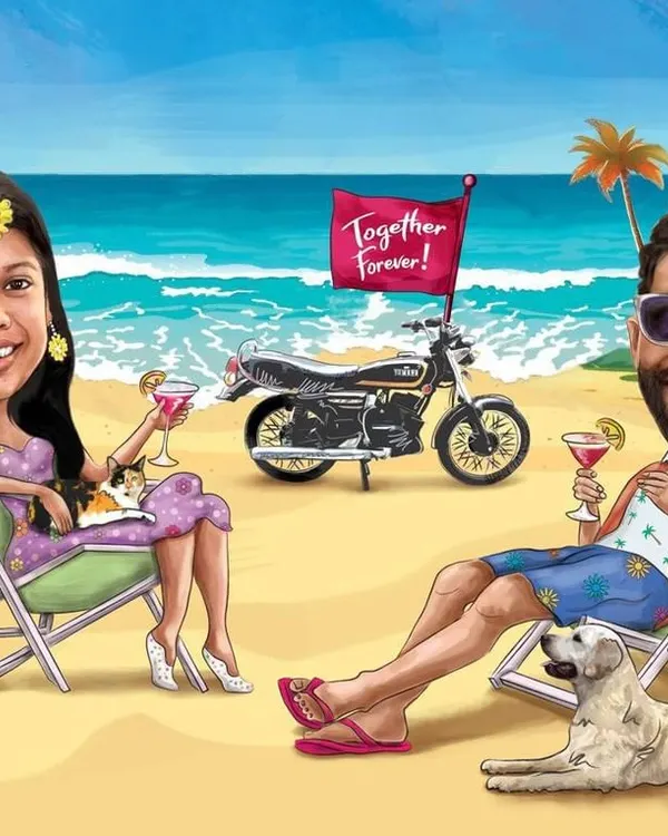 A vibrant, custom caricature is the perfect way to capture your story as a couple. Here, we brought together a love for the beach, bikes, and beloved pets into one fun-filled wedding gift.
