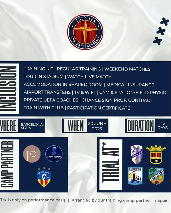 A complete breakdown of what our Spain camp includes. From professional training kits and regular matches to accommodation, medical insurance, and stadium tours, we provide full support so you can focus purely on your performance.