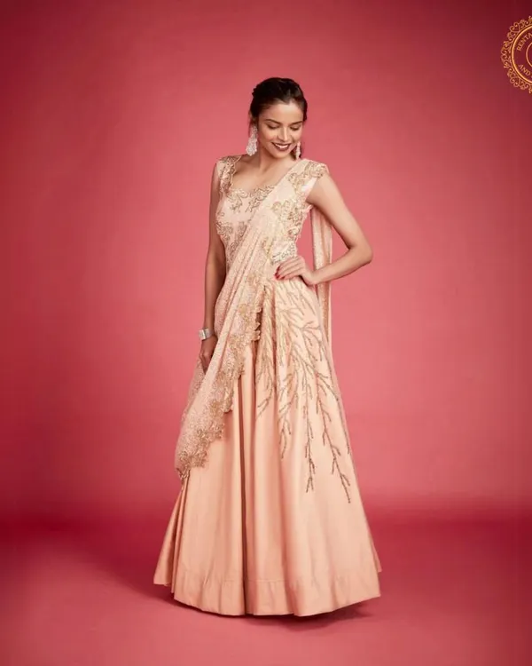 Own the moment in this elegant peach Indo-western gown. The attached drape gives it the grace of a saree with the comfort of a gown.