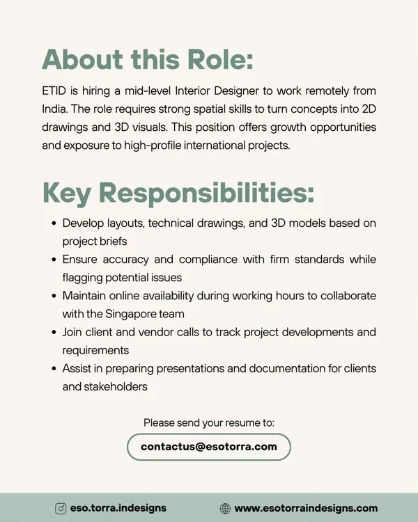 A detailed description of a remote Mid-Level Interior Designer role with Eso Torra Indesigns, requiring collaboration with their Singapore team.