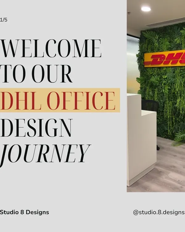 Welcome to our DHL office design journey. This project was all about creating a space that reflects the brand's energy. The reception features a lush green wall, making a bold first impression.