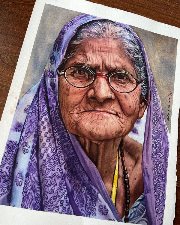 This 2021 watercolor portrait of an elderly woman is a study in capturing wisdom and experience. The detailed wrinkles and the direct gaze were my focus, aiming to show a life story in a single expression.