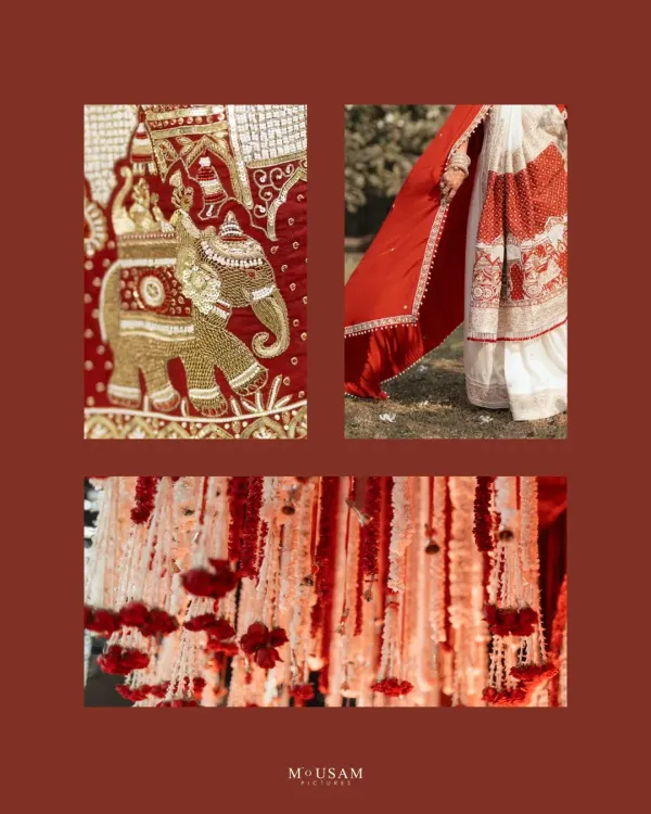 A collage of beautiful red and white details from a Bengali wedding. It features the intricate embroidery on the bride's saree, the flowing decor, and other elements that create a cohesive and stunning visual theme.