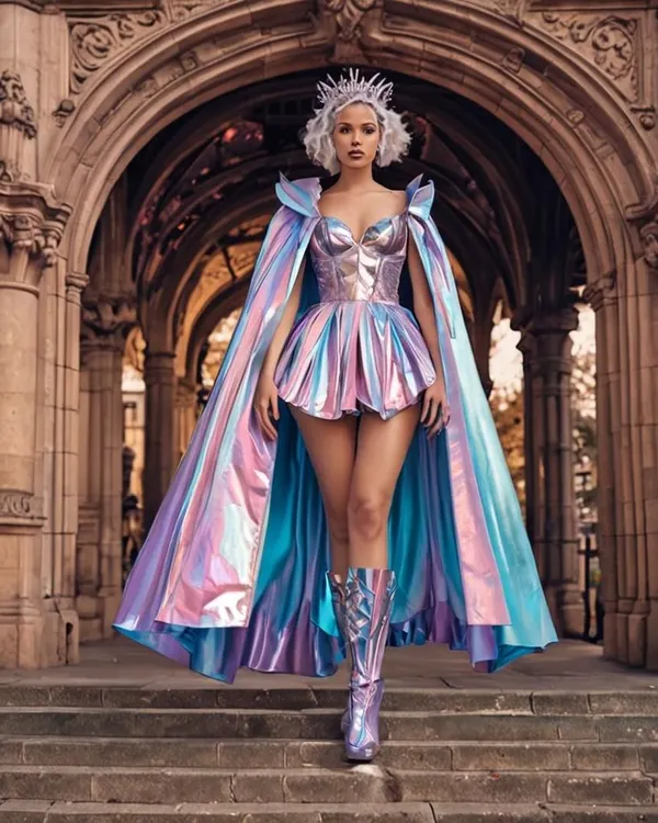 This AI-generated concept shows a Cosmic Cyber Fairy Princess look, designed for a Gen-Z audience. It features a structured, iridescent mini-dress with a dramatic, floor-length cape, demonstrating how I can turn a fantasy theme into a detailed, photorealistic fashion visual.