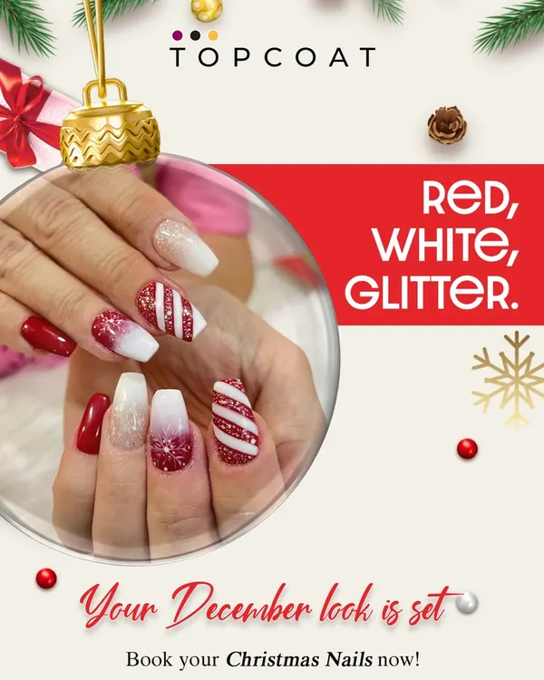 Your December look is set with these festive Christmas nails. This set features candy cane stripes, a glittery red-to-white ombre, and snowflake details on coffin-shaped extensions.