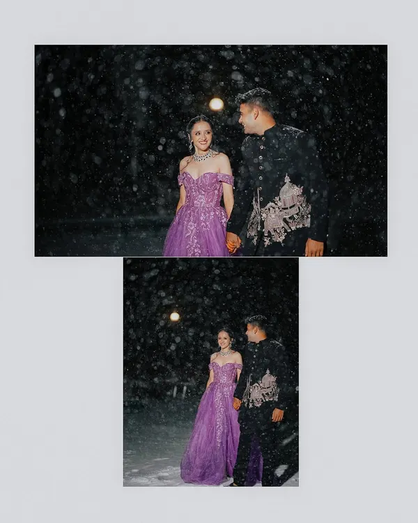 Shooting in the snow at night presents a unique lighting challenge. We teach you how to expose for the bright snow while properly lighting the couple, creating a dramatic and well-balanced image where the vibrant dress stands out against the dark, wintery scene.