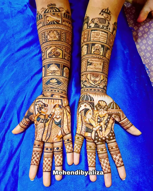 This is the kind of bridal art that my homemade henna cones are made for. Every line is sharp, every detail is clear, and the design tells a beautiful story for the bride's special day.