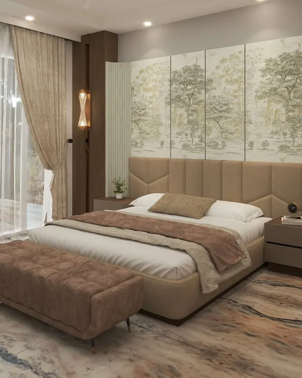 This master bedroom design features a sophisticated beige and brown theme with a statement wallpaper behind the bed, creating a warm and inviting atmosphere.