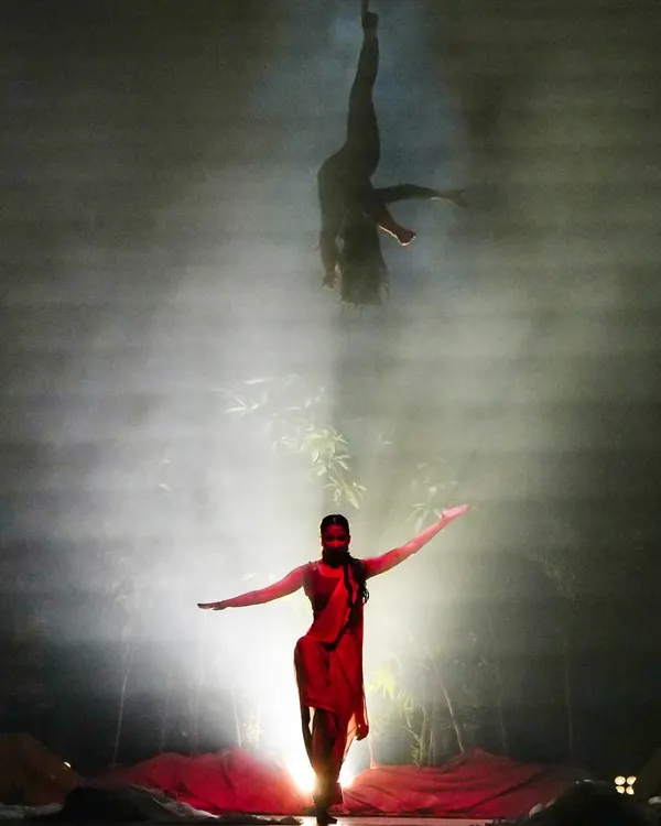 A dramatic aerial and stage sequence from the 'Sitayana' production. These large-scale shows often involve complex choreography and stagecraft to create breathtaking moments for the audience.
