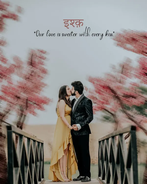 A romantic kiss on our wooden bridge, framed by beautiful pink cherry blossom trees. This is one of our most iconic spots for capturing a fairytale moment during your pre-wedding shoot.