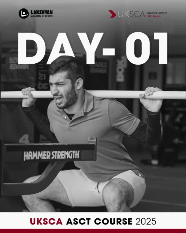 The UKSCA ASCT course begins. This is the title card for Day 1, setting the stage for an intensive week of learning foundational strength and conditioning principles.