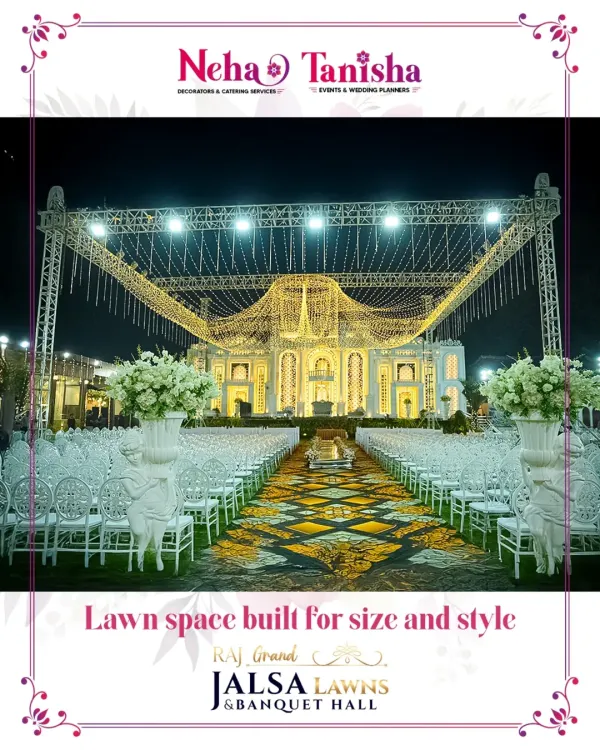 This is the canvas for your dream event. Our Raj Grand Jalsa Lawns offers unparalleled space and style, with intricate lighting and seating arrangements that create a truly magical atmosphere for a grand wedding reception or sangeet night.
