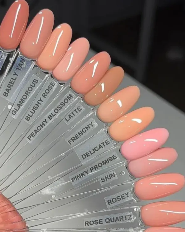 A swatch palette showcasing our wide range of high-quality nude and neutral gel polishes, from maple to rose quartz.