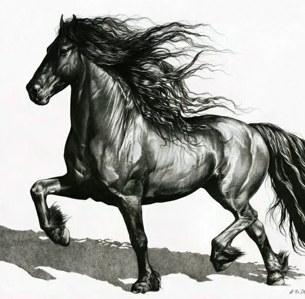Learn to capture the power and grace of animals in motion. This dynamic sketch of a horse showcases advanced pencil techniques for rendering muscle tone, flowing hair, and realistic form.