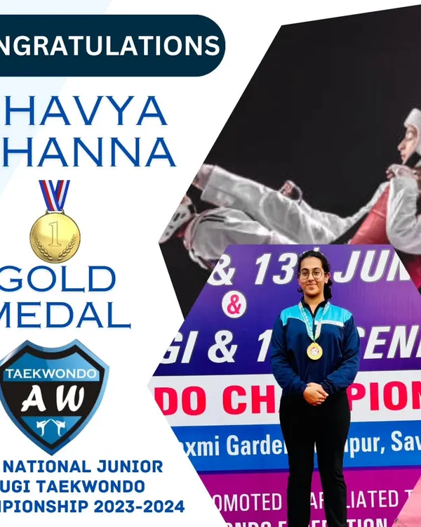 Bhavya Khanna stands proud with her Gold Medal from the 40th National Junior Kyorugi Taekwondo Championship.
