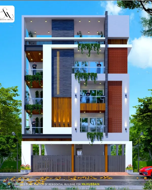 A proposed elevation design for Mr. Hussain's multi-level residential building. This concept features extensive use of glass for balconies, contrasting wood and stone textures, and vertical design elements to create a sense of height and grandeur.