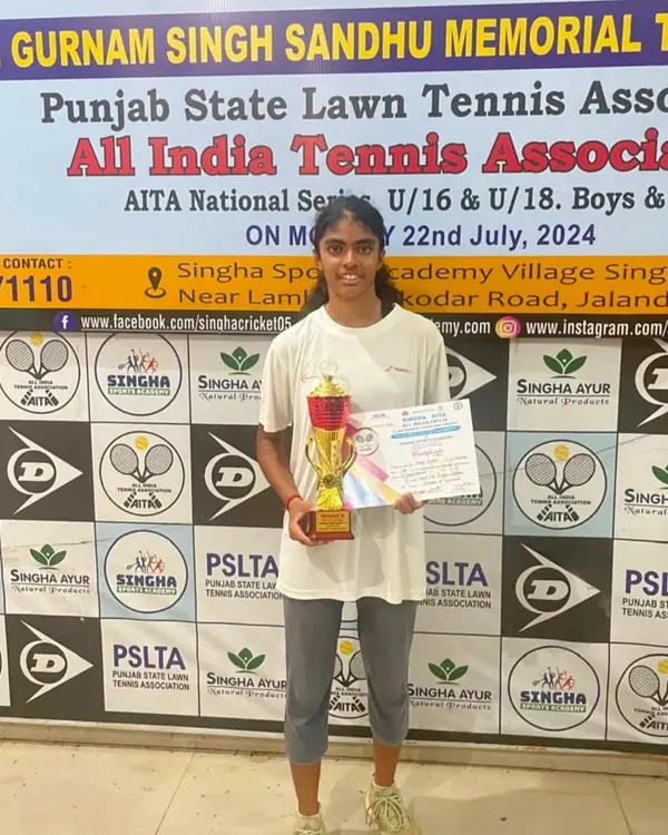 A series of photos celebrating Manvi Gupta's hat-trick of U16 and U18 titles, showcasing her consistent dominance at All India level tournaments.