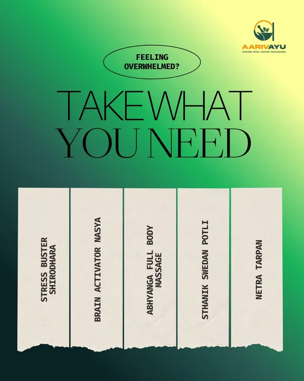 Feeling overwhelmed, tired, or stressed? We offer a range of therapies to help you feel balanced again. Choose from our stress-busting Shirodhara, brain-activating Nasya, relaxing Abhyanga full body massage, and more.