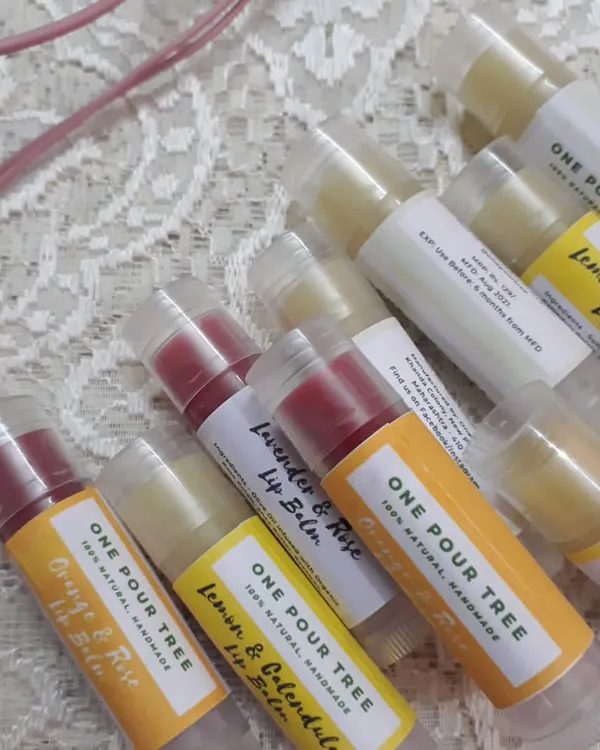 A collection of my 100% natural handmade lip balms. Made with Olive Oil and Shea Butter, they come in several varieties like Orange & Rose, Lemon & Calendula, and Lavender & Rose to keep your lips soft and hydrated.