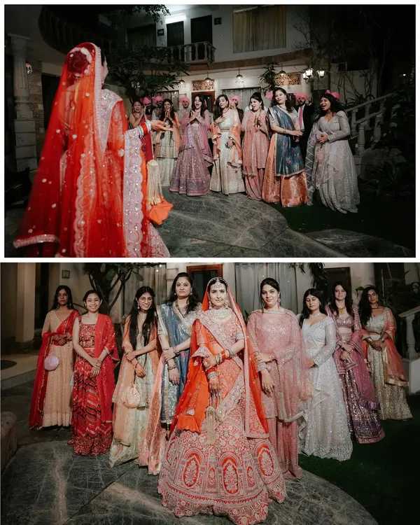 A beautiful portrait of the bride with her bridesmaids, capturing the bond of friendship and the collective joy of the wedding day.