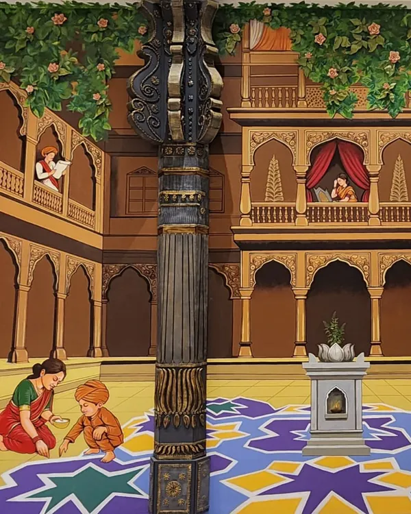This mural, created for Birla Evam in Pune, is a celebration of Maharashtrian heritage. Every detail, from the figures in the courtyard to the architectural elements of the Wada, was sculpted and painted to tell a story of community and tradition, bringing cultural memory into a modern space.