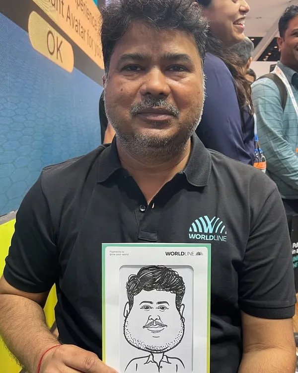 For corporate clients, we offer branded caricatures. At this exhibition for Worldline, each sketch was done on paper with the company logo, making for a perfect piece of marketing memorabilia.