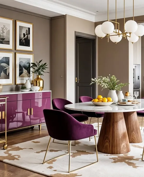 Here, I'm exploring how purple can bring a unique energy to a dining area. The glossy purple sideboard and velvet chairs add a bold, expressive touch to this modern space.