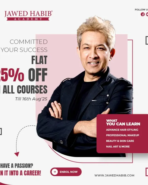 A fantastic offer of a flat 25% off on all our courses. This graphic clearly lists the skills you can learn, from hair styling to makeup and nail art.