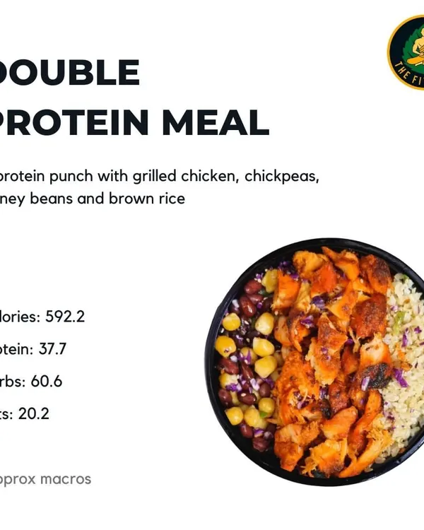 This Double Protein Meal is a powerhouse. With 37.7g of protein from grilled chicken, chickpeas, and kidney beans, it's the perfect post-workout fuel to maximize your gains.