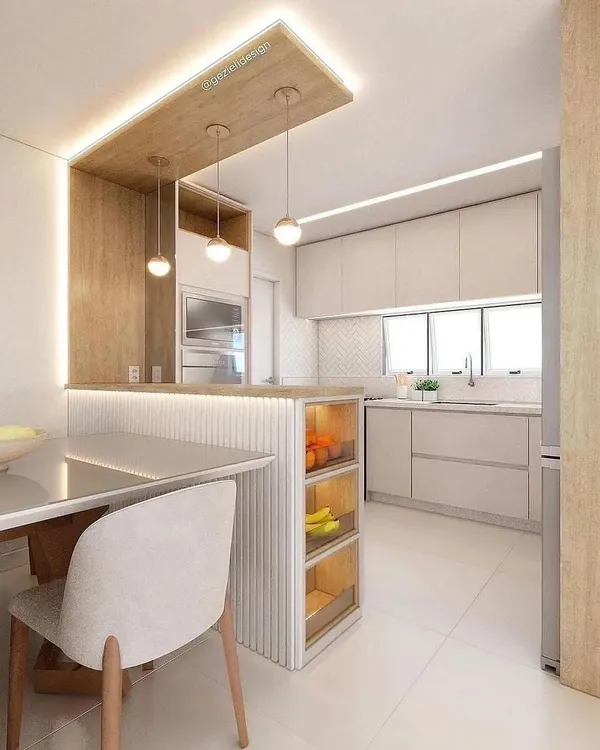 A 3D render of a bright and airy open kitchen concept. This design features light wood and cream-colored handle-less cabinets, a functional island that doubles as a dining space, and integrated lighting to create a warm, welcoming environment.