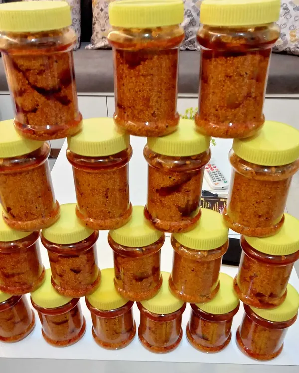 A fresh batch of my homemade pickle, all packed in jars and ready to be sent out. I prepare these in small batches to ensure freshness.