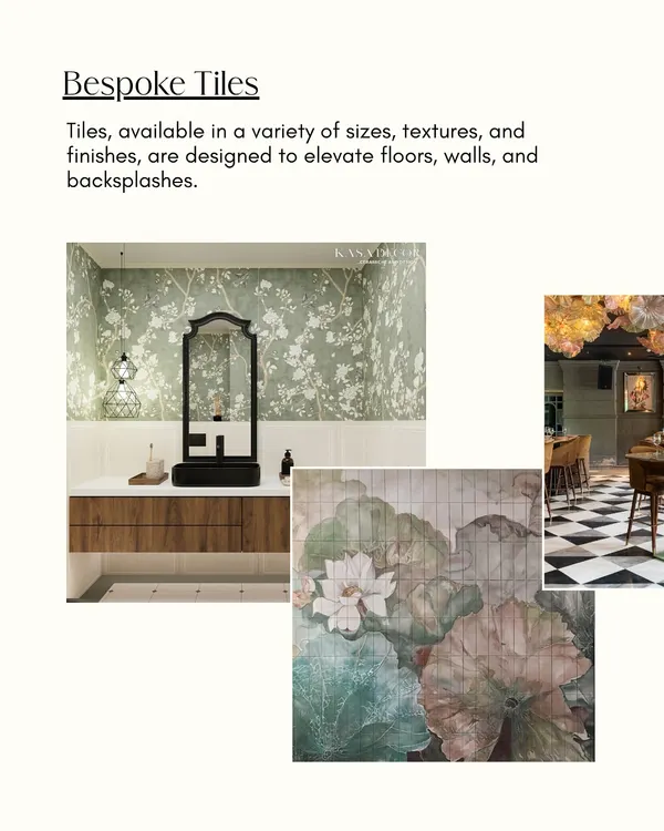 A collection of our bespoke tile capabilities. This includes floral pattern tiles for a bathroom, a large-scale lotus mural, and classic checkerboard flooring, all designed to elevate walls, floors, and backsplashes.