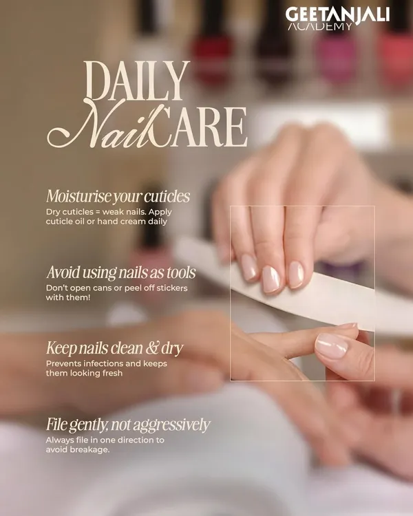 We believe that professional nail care is a science. This guide covers the daily habits essential for healthy nails, from cuticle moisturizing to gentle filing, which are core principles in our curriculum.