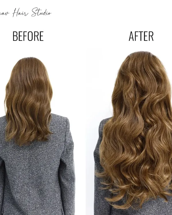 A perfect example of a hair transformation. We used our extensions to add both length and lush volume, taking the hair from shoulder-length to long, flowing waves.