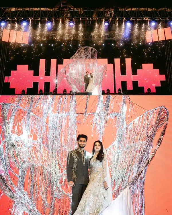 This grand sangeet entry was designed to feel like a concert. The couple emerged from a custom-made shimmering structure, framed by a massive stage, dazzling lights, and electrifying pyrotechnics.