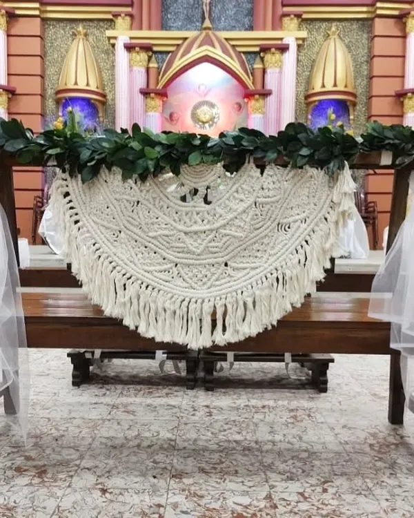 A few years ago, I had the honor of creating macrame pieces for a wedding. This large, semi-circular macrame hanging looked so beautiful decorating the church altar.