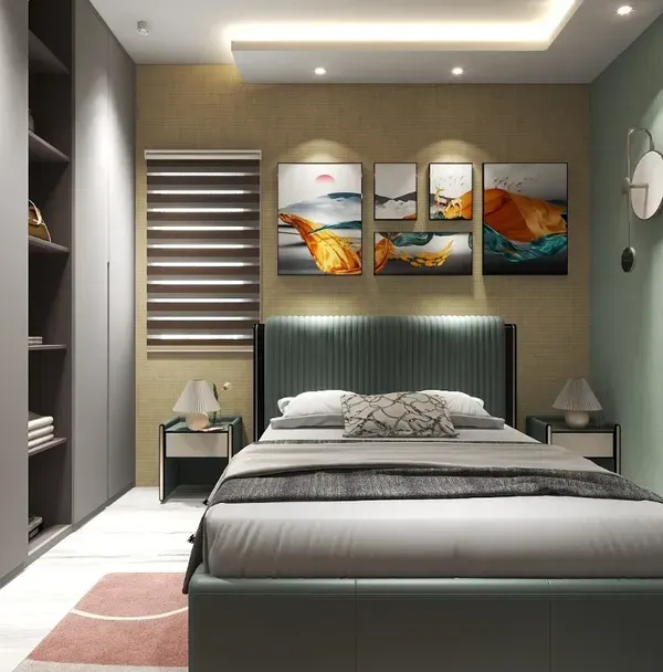 A tranquil bedroom at Godrej Park Retreat, featuring a soothing color palette, modern artwork, and a comfortable bed that invites you to unwind.