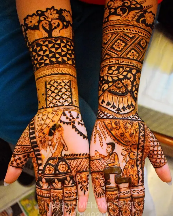 This design tells a story of a proposal, with the groom on one knee on one hand and the bride on the other, surrounded by intricate patterns and window-like frames.