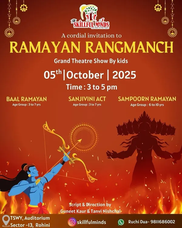 Announcing our grand production, Ramayan Rangmanch. This poster details the different acts our little stars, from ages 3 to 10, will perform, bringing the epic tale to life on a grand stage.